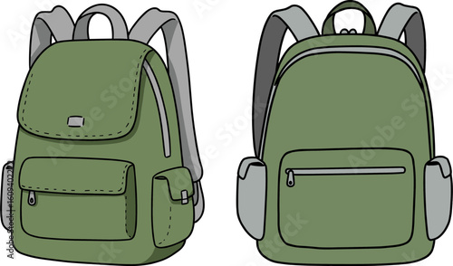 Two green backpacks with gray straps and pockets in vector style  