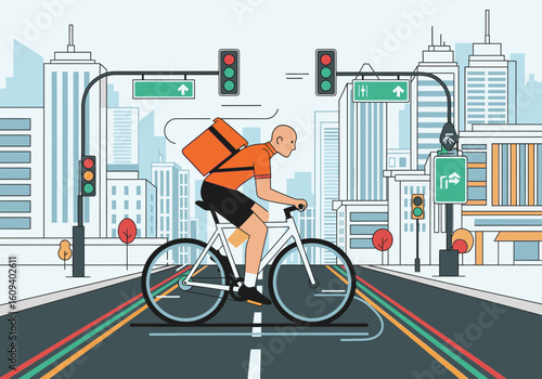 A delivery courier on a bicycle with a large orange bag waits at a red traffic light in a city.