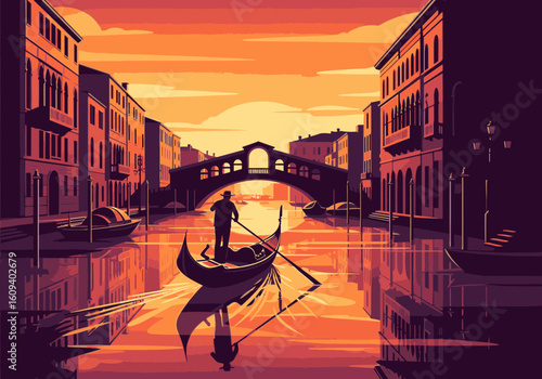 A silhouetted gondolier steers a gondola on a tranquil canal in Venice as the sun sets behind a bridge.