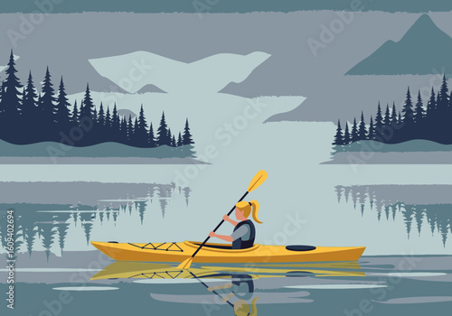 A woman in a yellow kayak paddles on a calm lake with a forest and mountains in the background.