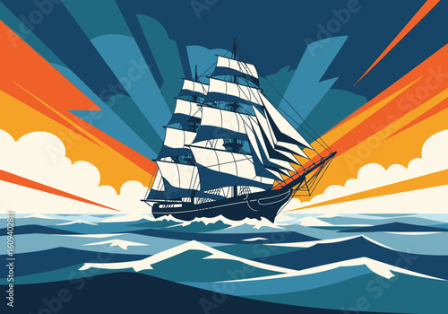 A stylized illustration of a majestic tall ship sailing on a rough ocean under a dramatic, colorful sky.
