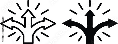 Three Way Arrow Icon with Rays in Black and White – Direction Choice Vector Illustration