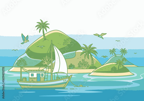 An illustrated sailboat anchored in a calm sea near lush green tropical islands with palm trees.