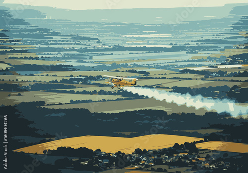 A yellow biplane crop duster flies low over a patchwork of rural fields and rolling hills.