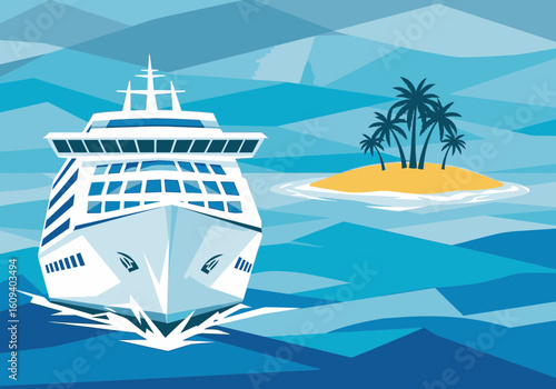 A large white cruise ship sails on a stylized blue ocean towards a small tropical island with palm trees.