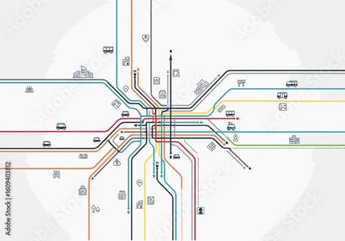 A colorful, stylized map depicting a complex public transportation network with various routes.