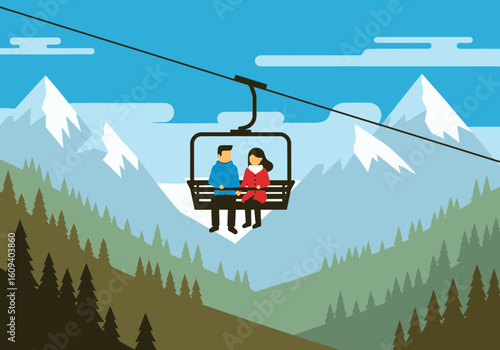 A man and woman ride a chairlift together over a forested valley towards snow-capped peaks.