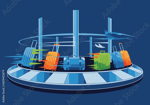 Colorful suitcases with motion trails speed around an airport baggage claim carousel with airplanes.
