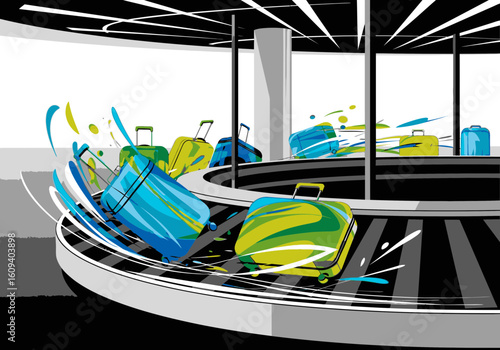 Luggage falls from a conveyor belt at an airport, with splashes of water or paint surrounding the bags.