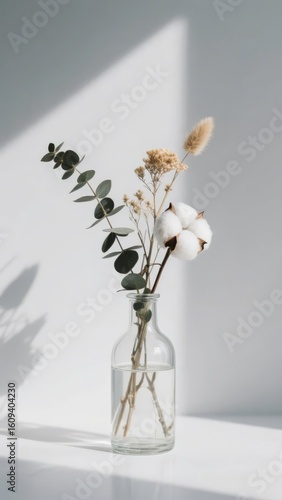 Dried Flowers and Eucalyptus in a Glass Bottle on a White Surface