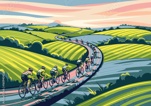 Cyclists ride along a winding road through rolling green fields under a colorful sky.