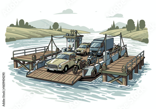 An illustrated ferry boat carrying cars, a truck, and a motorcycle across a river.