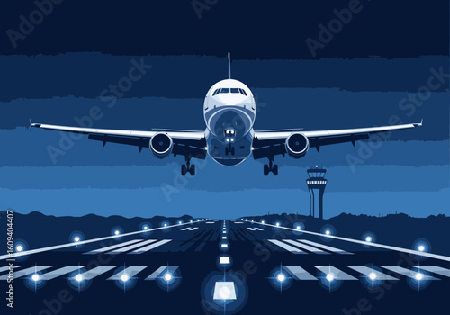 A large passenger airplane on final approach for landing on an illuminated runway at night.