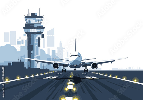 A passenger airplane landing on a runway with the control tower in the background.