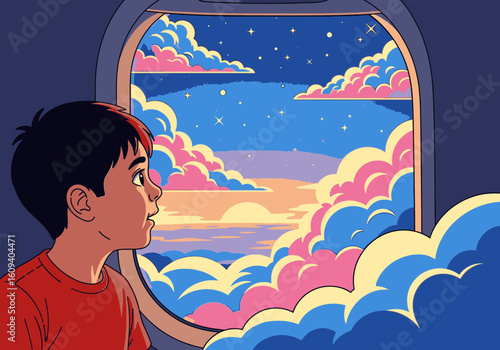A boy looks out of an airplane window at a sunset sky filled with colorful clouds and stars.