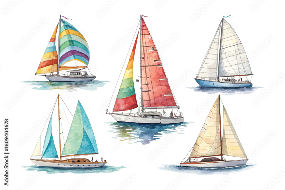 Fototapeta premium set of watercolor A Sloop Sailboat vector illustration isolated on white background