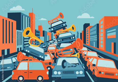 An illustration of a chaotic urban traffic jam with cars piled high and blaring loud horns, symbolizing noise pollution.