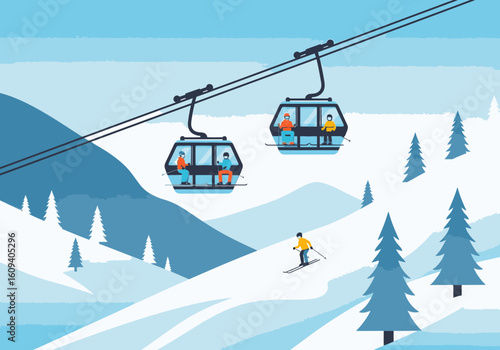 A skier glides down a snowy mountain slope under a ski lift with gondolas full of people.