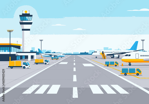 A vibrant illustration of an airport scene featuring airplanes, control tower, and vehicles.
