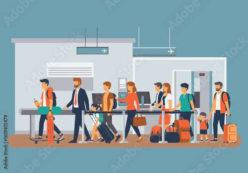 People queue at airport check-in counters, waiting for their flights and travel.