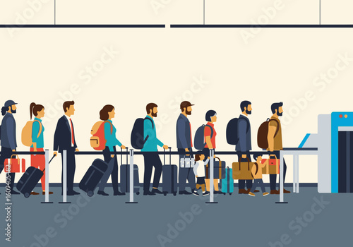 A line of diverse travelers with luggage waits at airport security checkpoint, preparing to go through the scanner.
