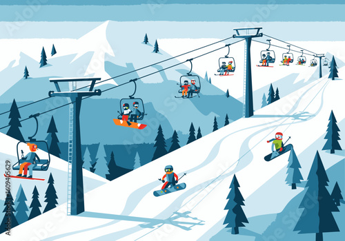 Illustration of skiers and snowboarders riding a ski lift and skiing down a snowy mountain slope.