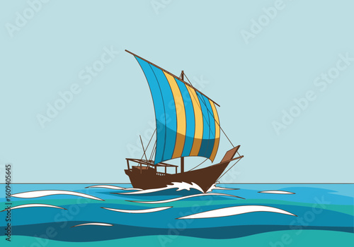 A traditional wooden boat with a blue and yellow striped sail navigates the wavy blue sea.