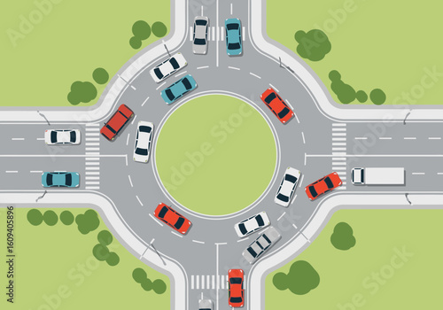 Cars navigating a roundabout intersection, illustrating traffic flow and road safety.