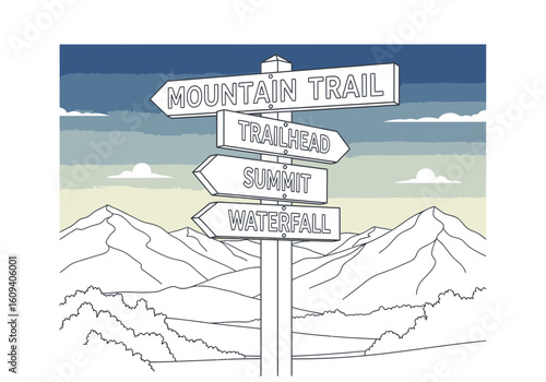 A simple, outlined illustration of a mountain trail signpost, pointing to various destinations in a mountainous landscape.