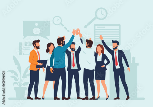 A collaborative team of business professionals celebrates success with a high-five.