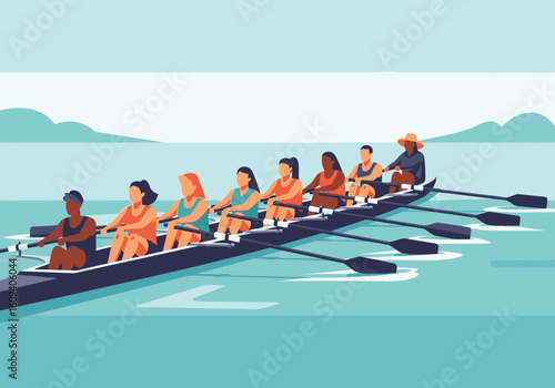 A women's rowing team, competitively positioned on a lake, with focused determination.