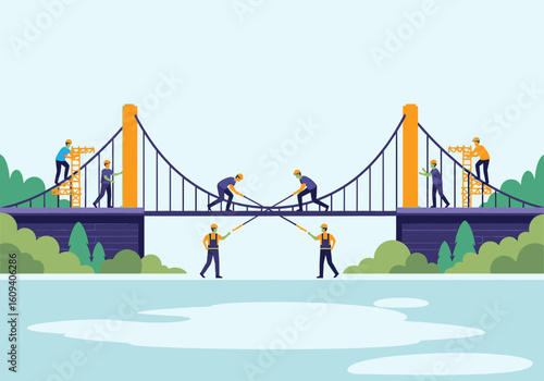 Construction workers are meticulously repairing a suspension bridge, a collaborative effort in a serene landscape.