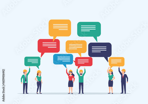 Team of diverse people collaborating, sharing ideas through colorful speech bubbles.
