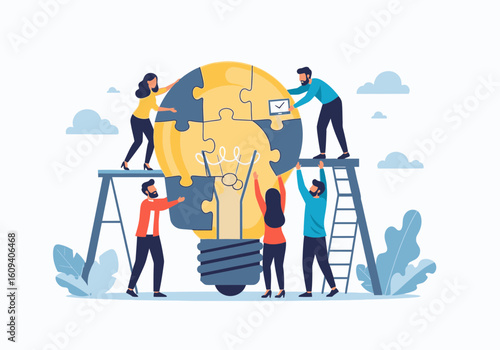 Teamwork unites to assemble a lightbulb, symbolizing collaborative innovation.