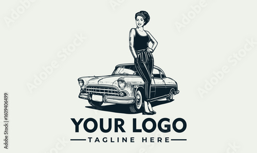 Vintage car logo featuring a stylish woman standing on top of a classic automobile.