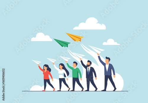 A group of diverse people launching paper airplanes into the sky, symbolizing ambition and teamwork.