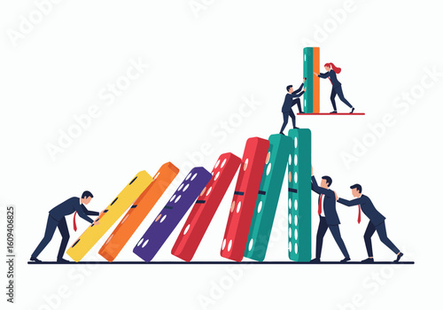 Businesspeople collaboratively prevent a domino effect, showcasing teamwork and risk management.