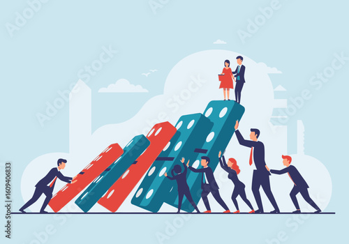 Business team prevents dominoes from falling, supporting couple at the top.
