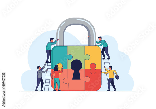 Team of people assembling a colorful puzzle lock, symbolizing security.