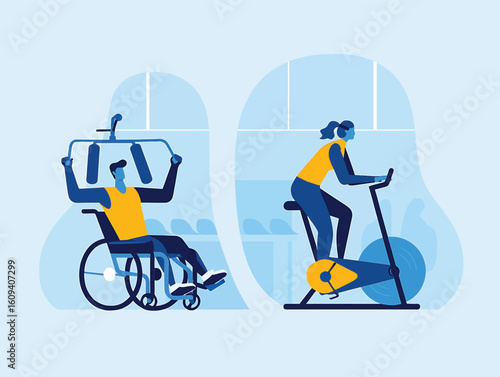 Inclusive fitness concept with disabled athlete working out in gym vector illustration