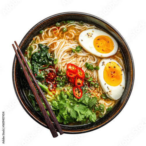 Asian noodle soup, ramen on bowl, top view with [Transparent Background PNG]