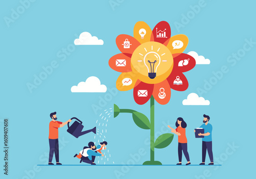 People nurturing a flower with business icons as petals, representing growth, ideas, and teamwork.