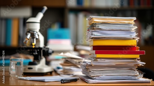 A cluttered desk with a tall stack of papers, notebooks, a microscope, a glass of water, and writing instruments, suggesting a busy scientific or academic workspace.