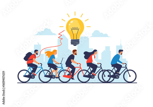 Group of people cycling towards a large lightbulb, symbolizing innovation and ideas.