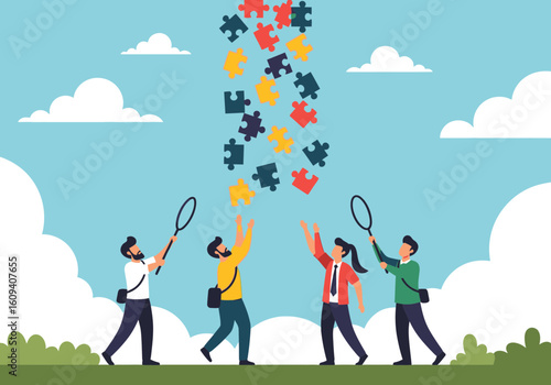 Four people collect falling colorful puzzle pieces, a metaphor for teamwork and problem-solving.