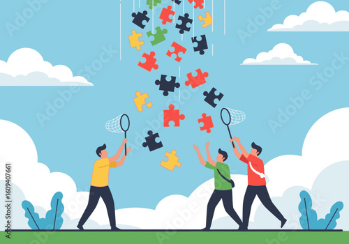 Two teams compete to catch falling puzzle pieces, symbolizing collaborative problem-solving or teamwork.
