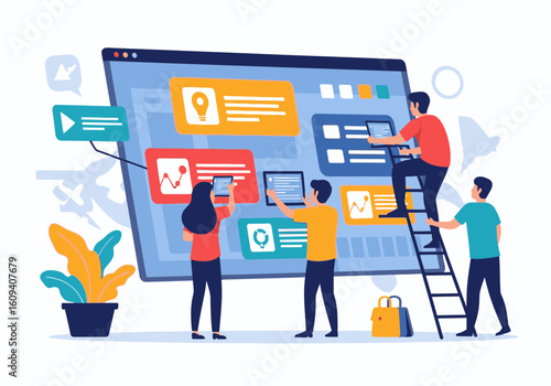 Team of four people collaborating on a large website design, using tools and a ladder for development.