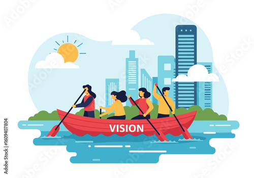 A group of four people rowing a red boat with "VISION" written on it, set against a cityscape and a bright sun.