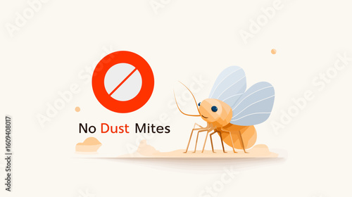 No dust mites illustration with stop sign and stylized insect  