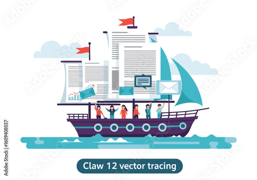 A stylized ship carrying various documents and people, representing information and communication.